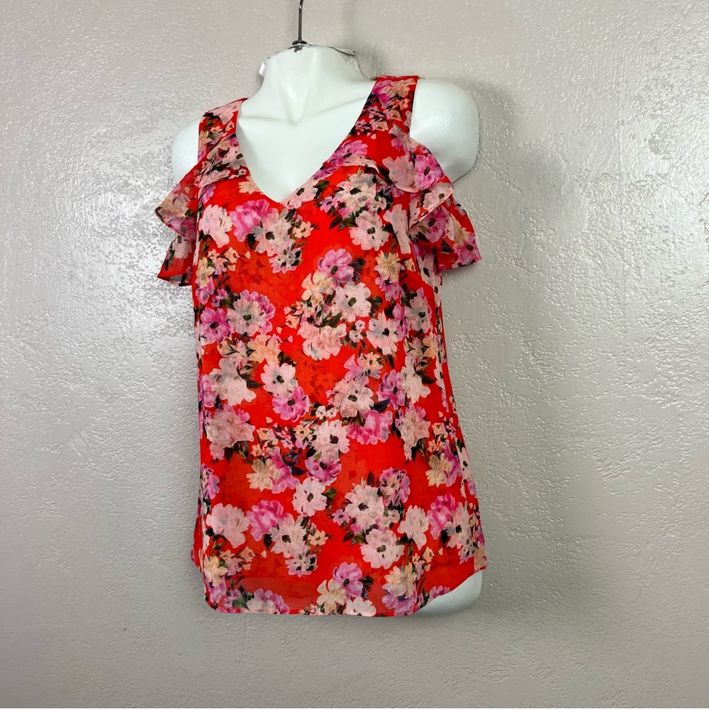 Cabi Lush Romantic floral cold- shoulder double‎ layer sheer top women's size S